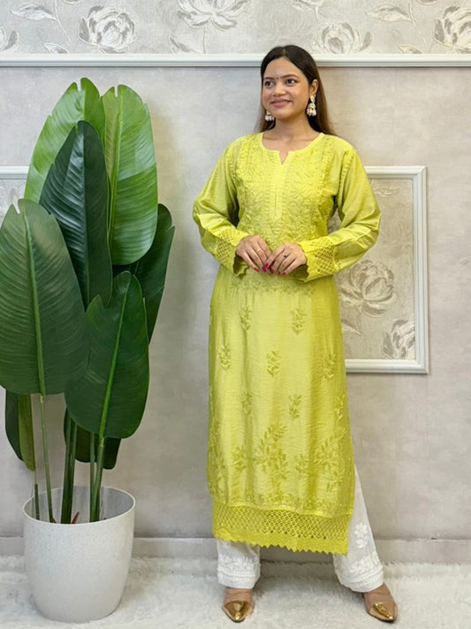 Lime yellow Chanderi kurta with Lucknowi Chikankari and lace work – soft, premium ethnic wear for women