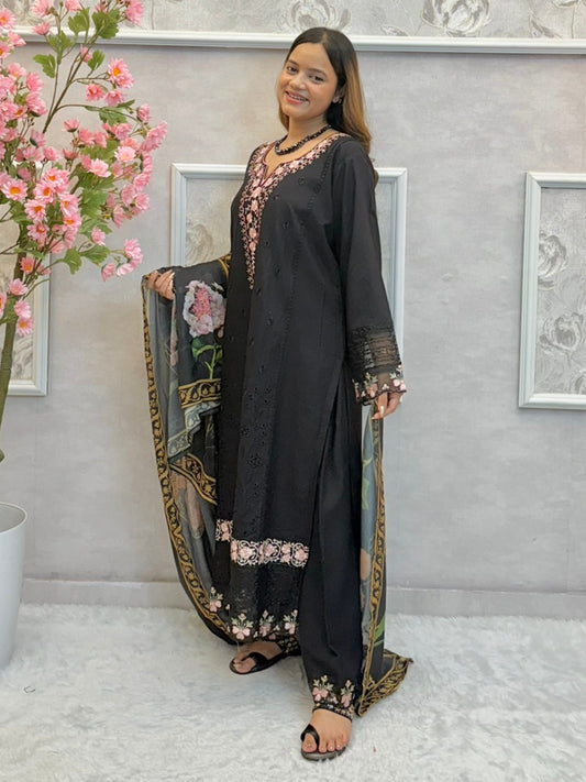Black rayon embroidered kurta set with floral work and digitally printed dupatta