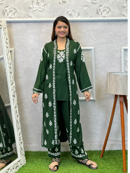 Dark green Lucknowi Chikankari 3-piece rayon set with sleeveless kurta, embroidered shrug, and pants
