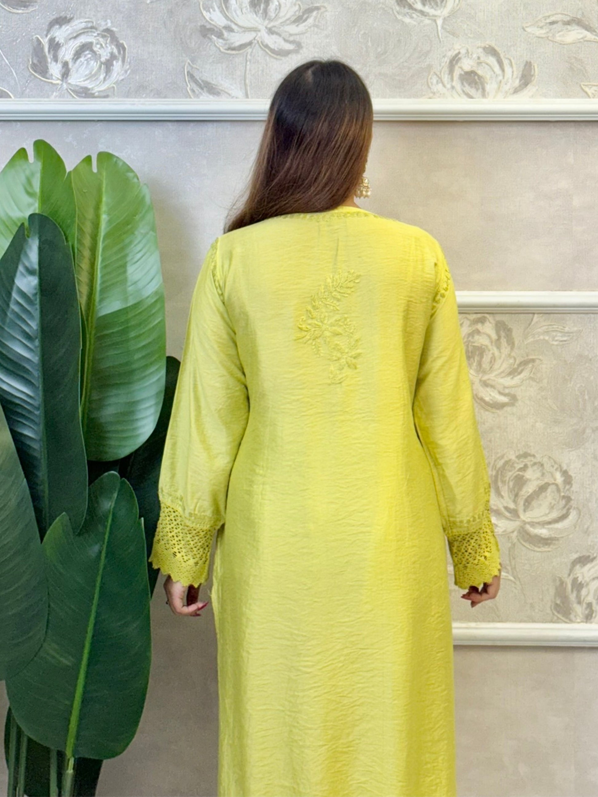 Lime yellow Chanderi kurta with Lucknowi Chikankari and lace work – soft, premium ethnic wear for women