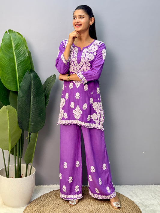 Purple Lucknow Chikankari rayon short kurta with embroidered palazzo pant – hand embroidery