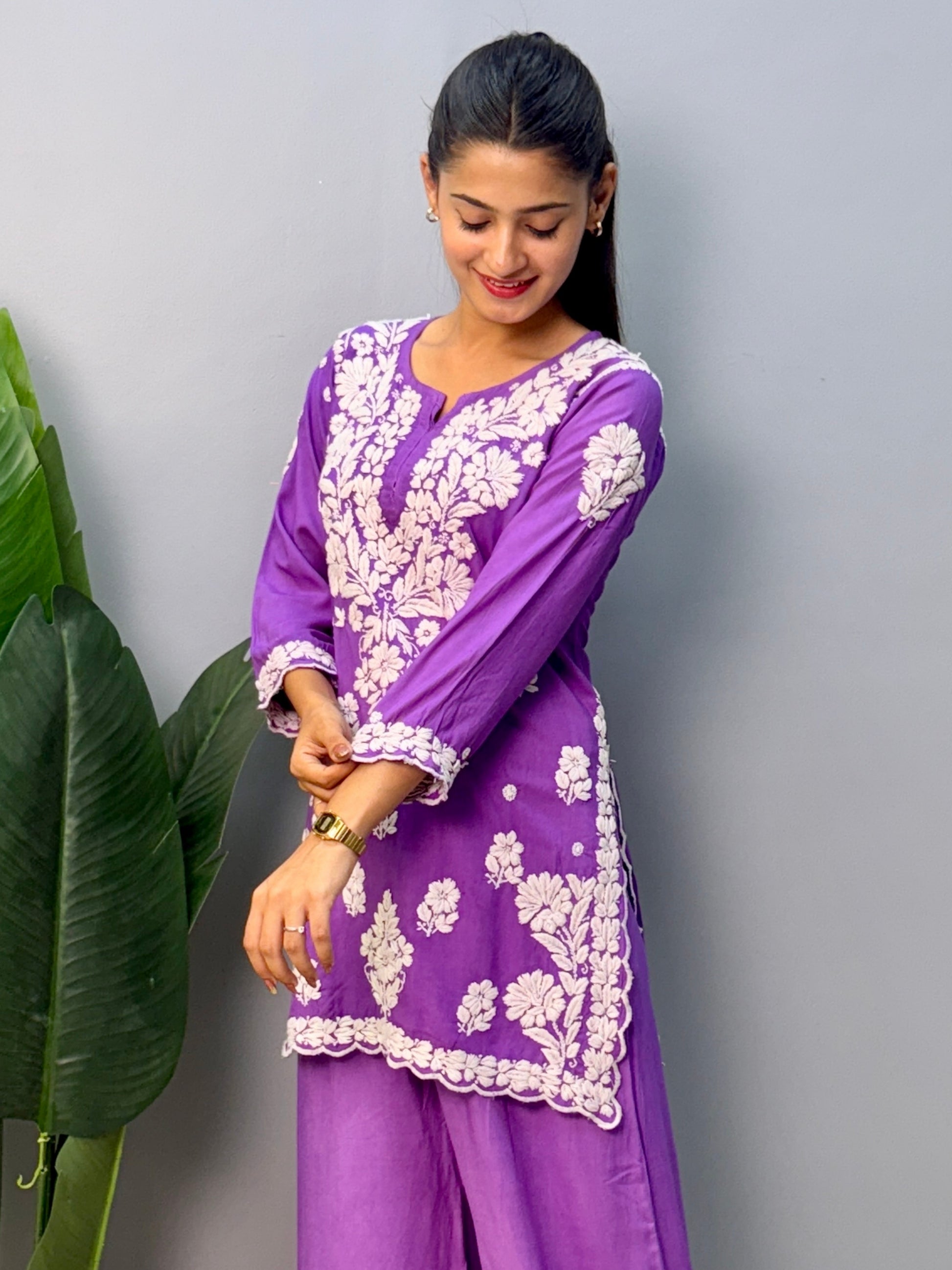 Purple Lucknow Chikankari rayon short kurta with embroidered palazzo pant – hand embroidery