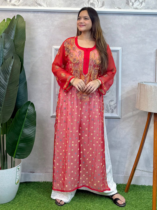 Red georgette Lucknow Chikankari kurta with hand embroidery – casual wear