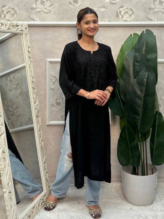 Black rayon Lucknow Chikankari kurta with delicate hand embroidery.