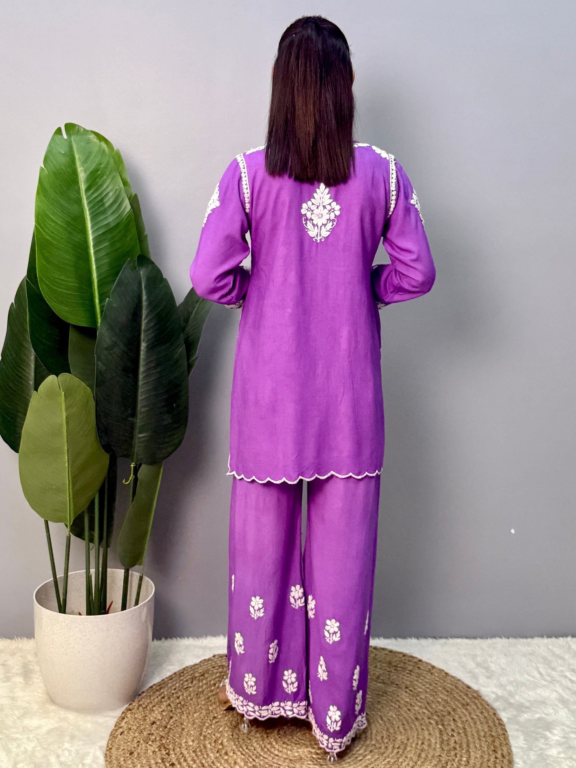 Purple Lucknow Chikankari rayon short kurta with embroidered palazzo pant – hand embroidery