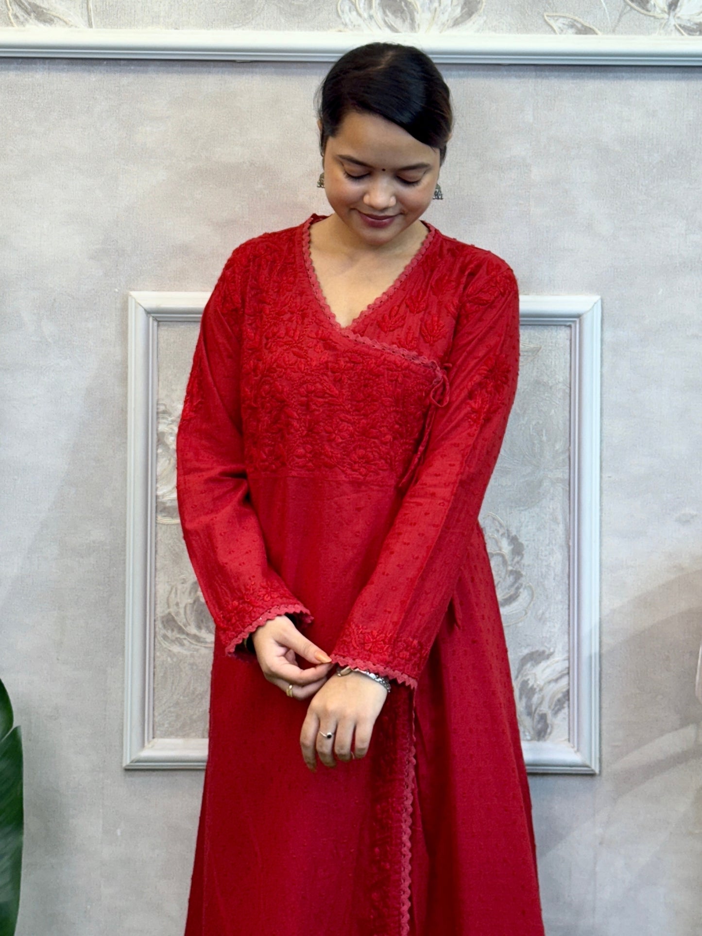 Red Lucknowi Chikankari Angrakha Kurta in dobby cotton with delicate hand embroidery – premium and comfortable.