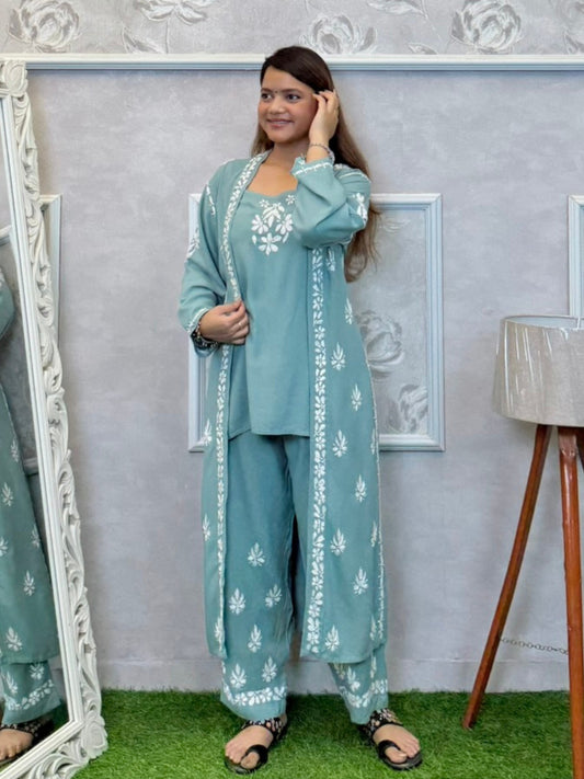 Dusty teal Lucknowi Chikankari rayon 3-piece set with sleeveless kurta, embroidered shrug, and pants