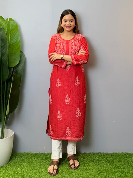 Red chanderi chikankari kurta with bakhiya hand embroidery