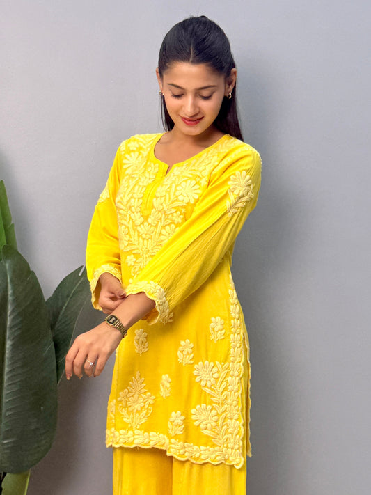 Yellow rayon chikankari short kurta with palazzo pant, hand embroidered Lucknowi suit set.