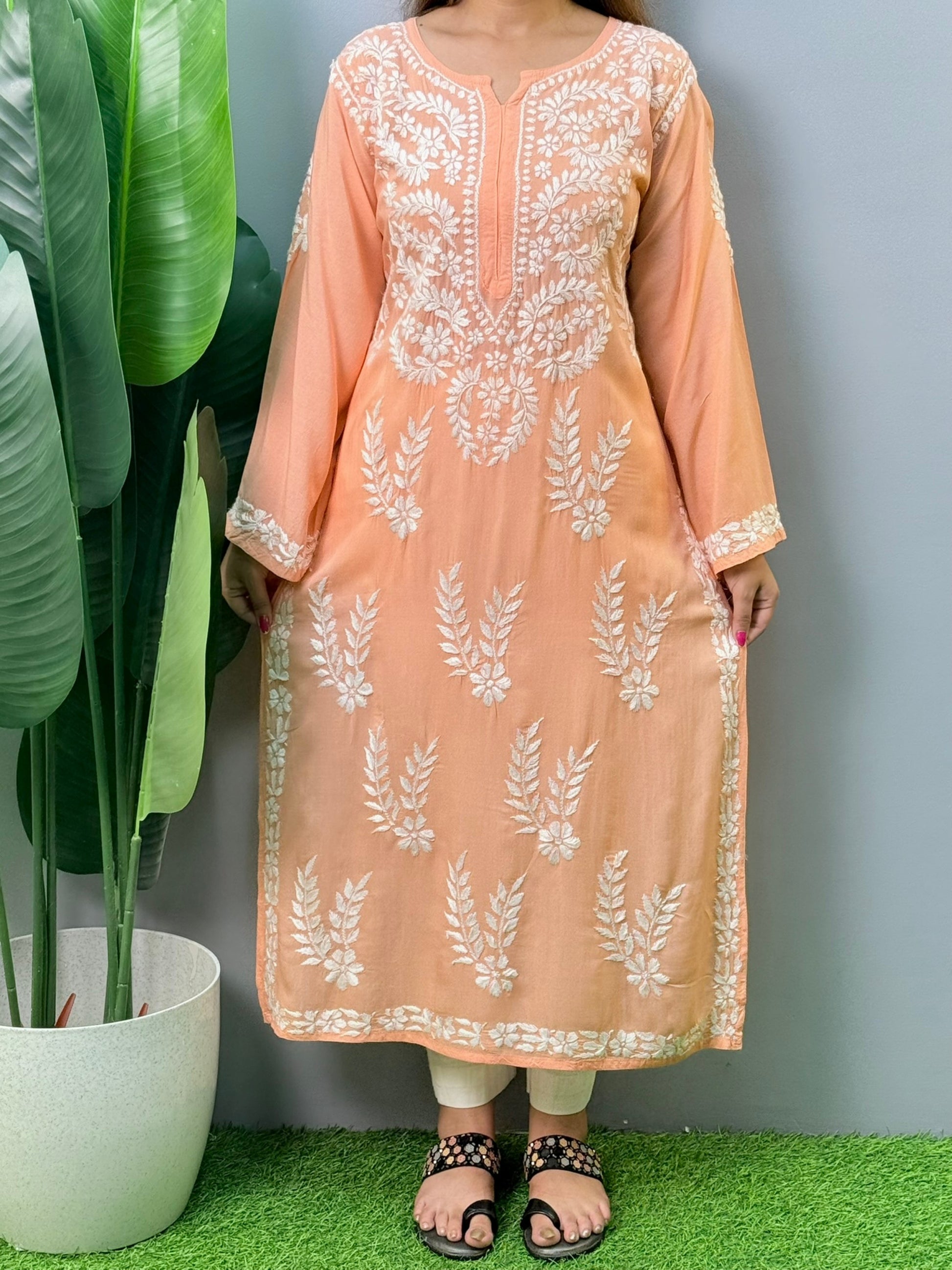 Peach modal Chikankari kurta with white hand embroidery – soft and comfortable ethnic wear for women