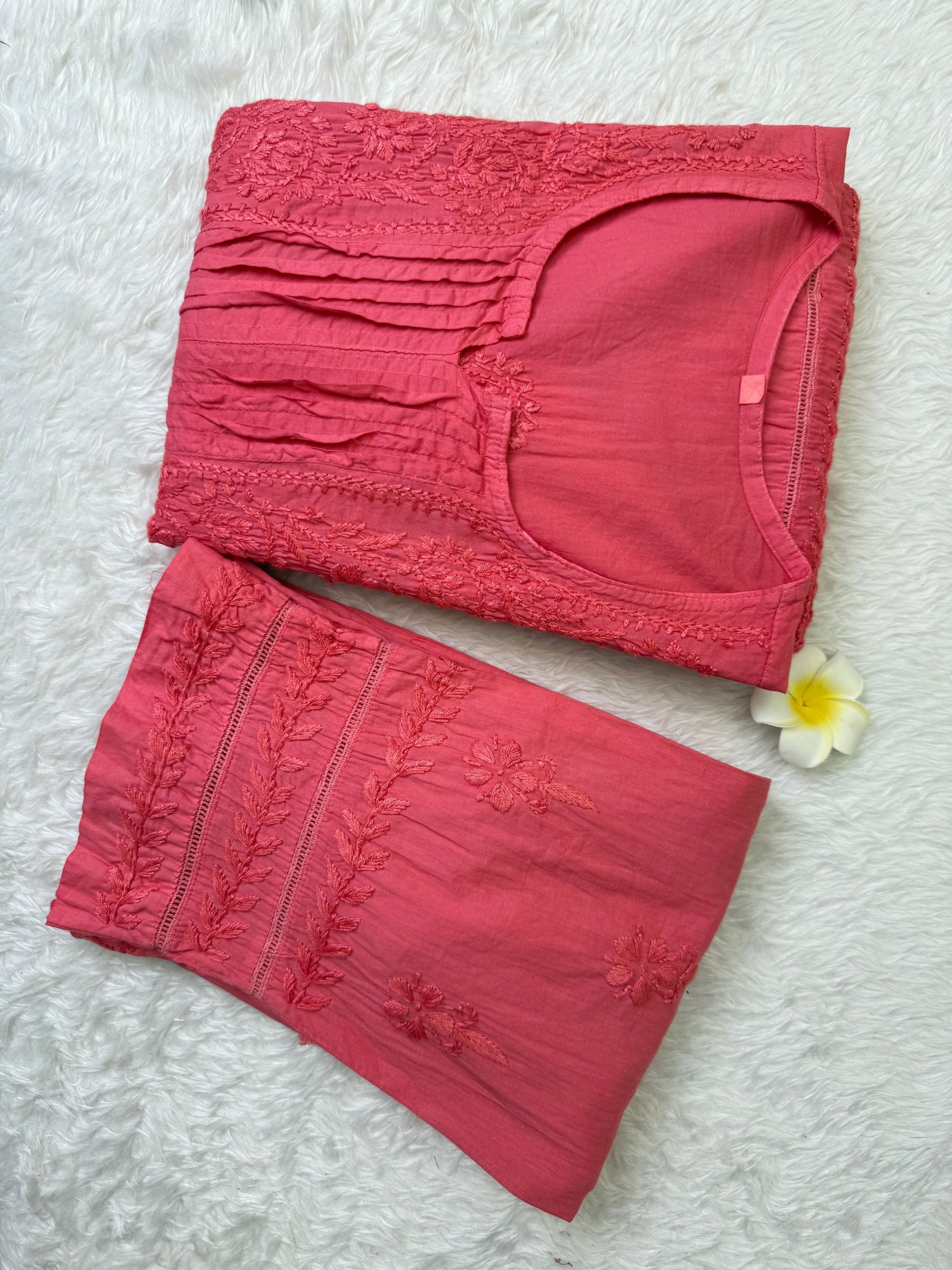 Coral pink cotton short flair chikankari kurta with pant and hand embroidery