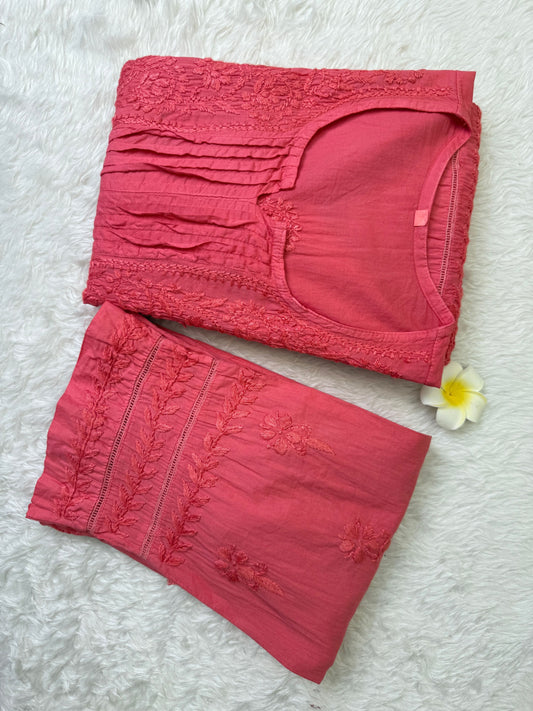 Coral pink cotton short flair chikankari kurta with pant and hand embroidery