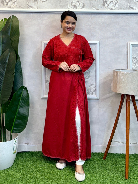 Red Lucknowi Chikankari Angrakha Kurta in dobby cotton with delicate hand embroidery – premium and comfortable.