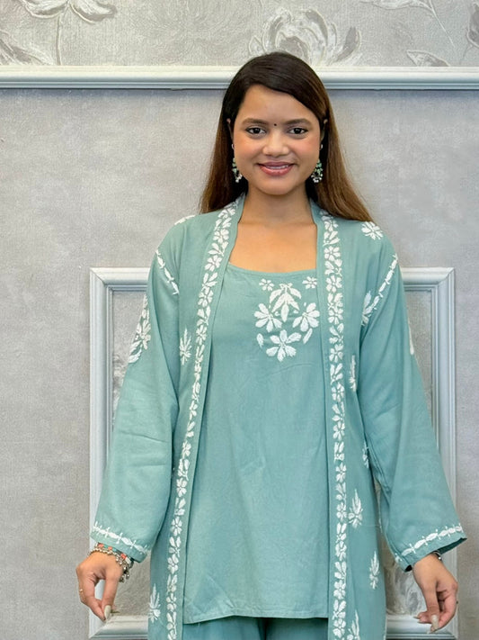 Dusty teal Lucknowi Chikankari rayon 3-piece set with sleeveless kurta, embroidered shrug, and pants