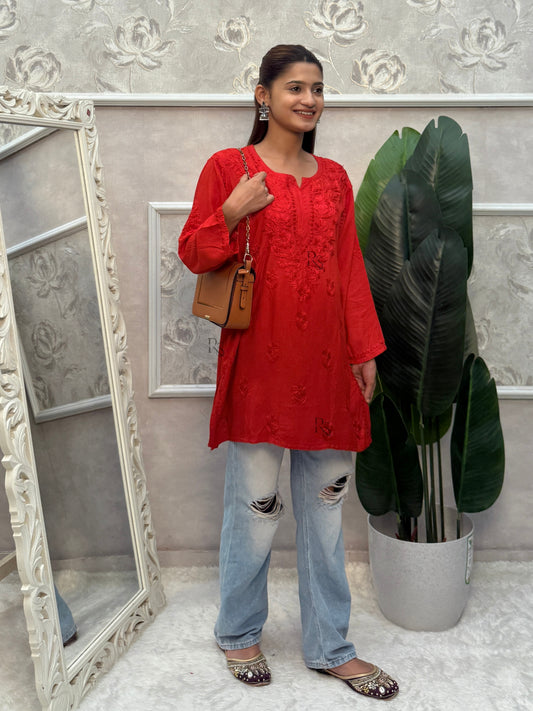 Red rayon Lucknow Chikankari short kurta with delicate hand embroidery.