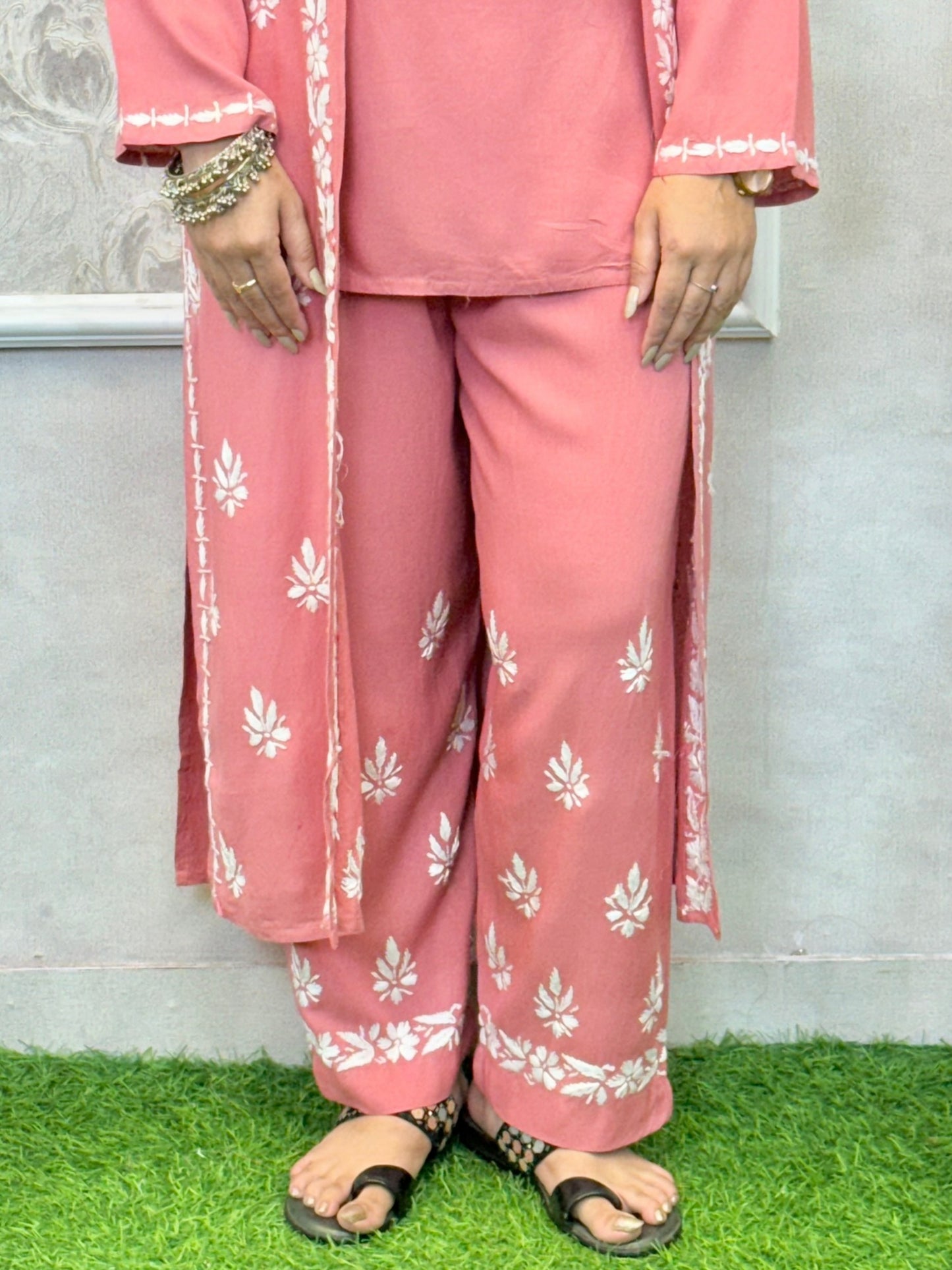 Dusty pink Lucknowi Chikankari rayon 3-piece set with sleeveless kurta, pants, and embroidered shrug