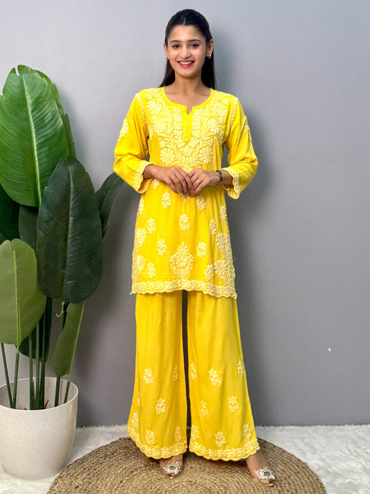 Yellow rayon chikankari short kurta with palazzo pant, hand embroidered Lucknowi suit set.