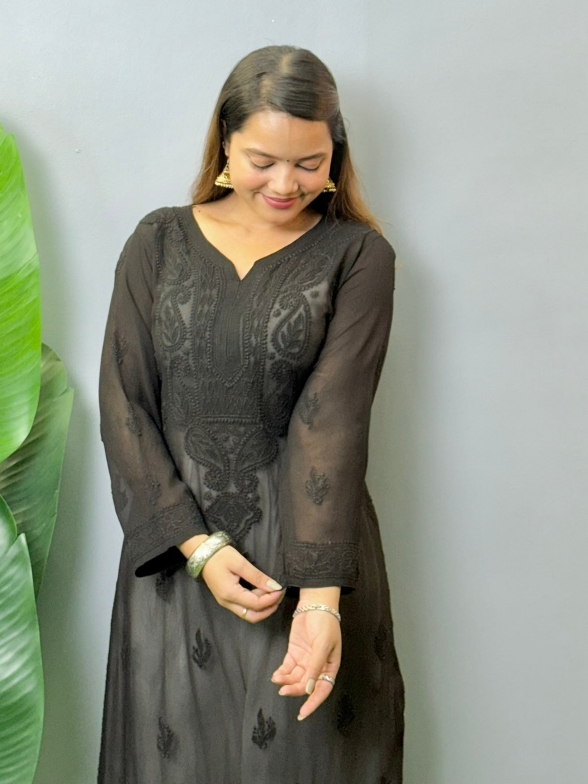 Black viscose Lucknowi Chikankari transy kurta with intricate hand embroidery