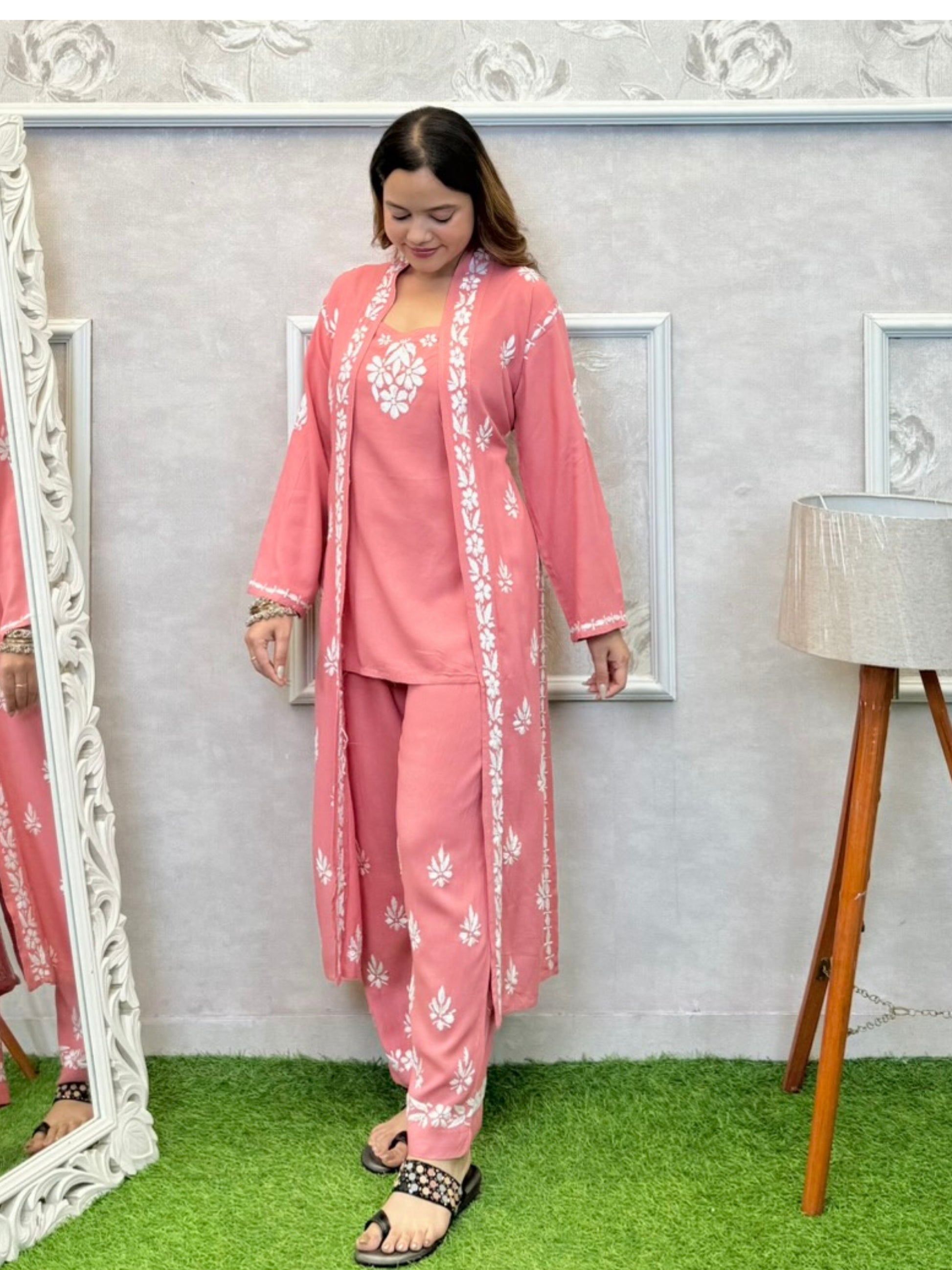 Dusty pink Lucknowi Chikankari rayon 3-piece set with sleeveless kurta, pants, and embroidered shrug