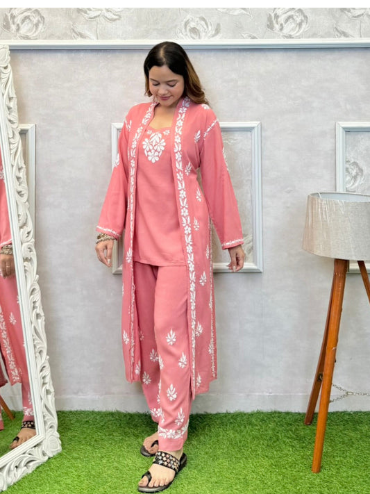 Dusty pink Lucknowi Chikankari rayon 3-piece set with sleeveless kurta, pants, and embroidered shrug