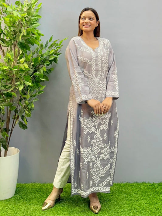 Model wearing ombre grey Chanderi chikankari kurta with intricate white 3D embroidery.