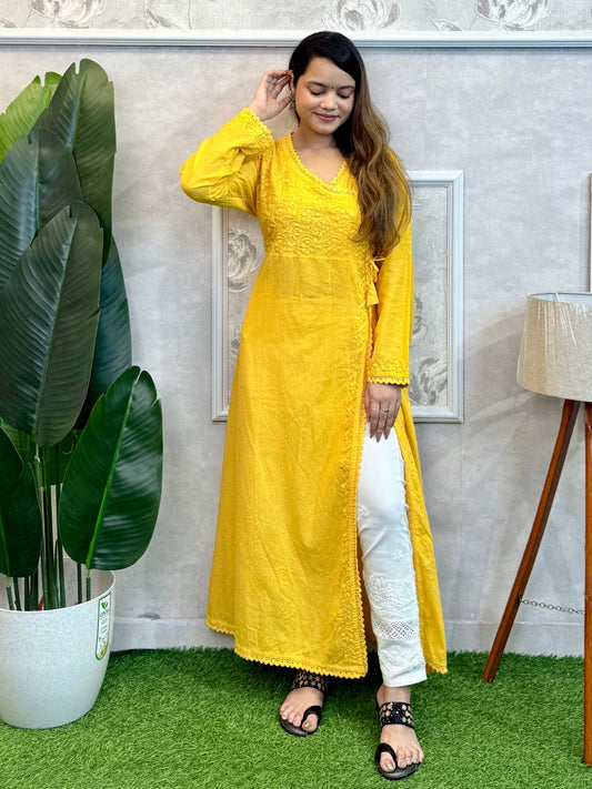 Yellow dobby cotton chikankari angrakha kurta with hand embroidery – RS Chikankari