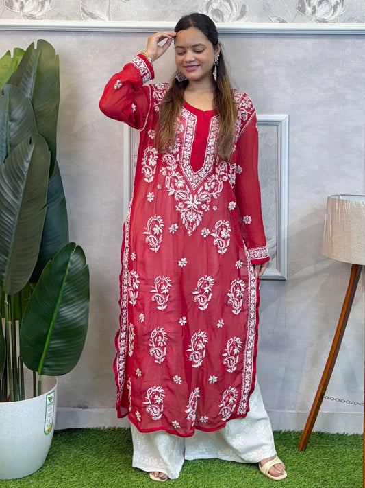 Red georgette Lucknow Chikankari kurta with hand embroidery, casual wear