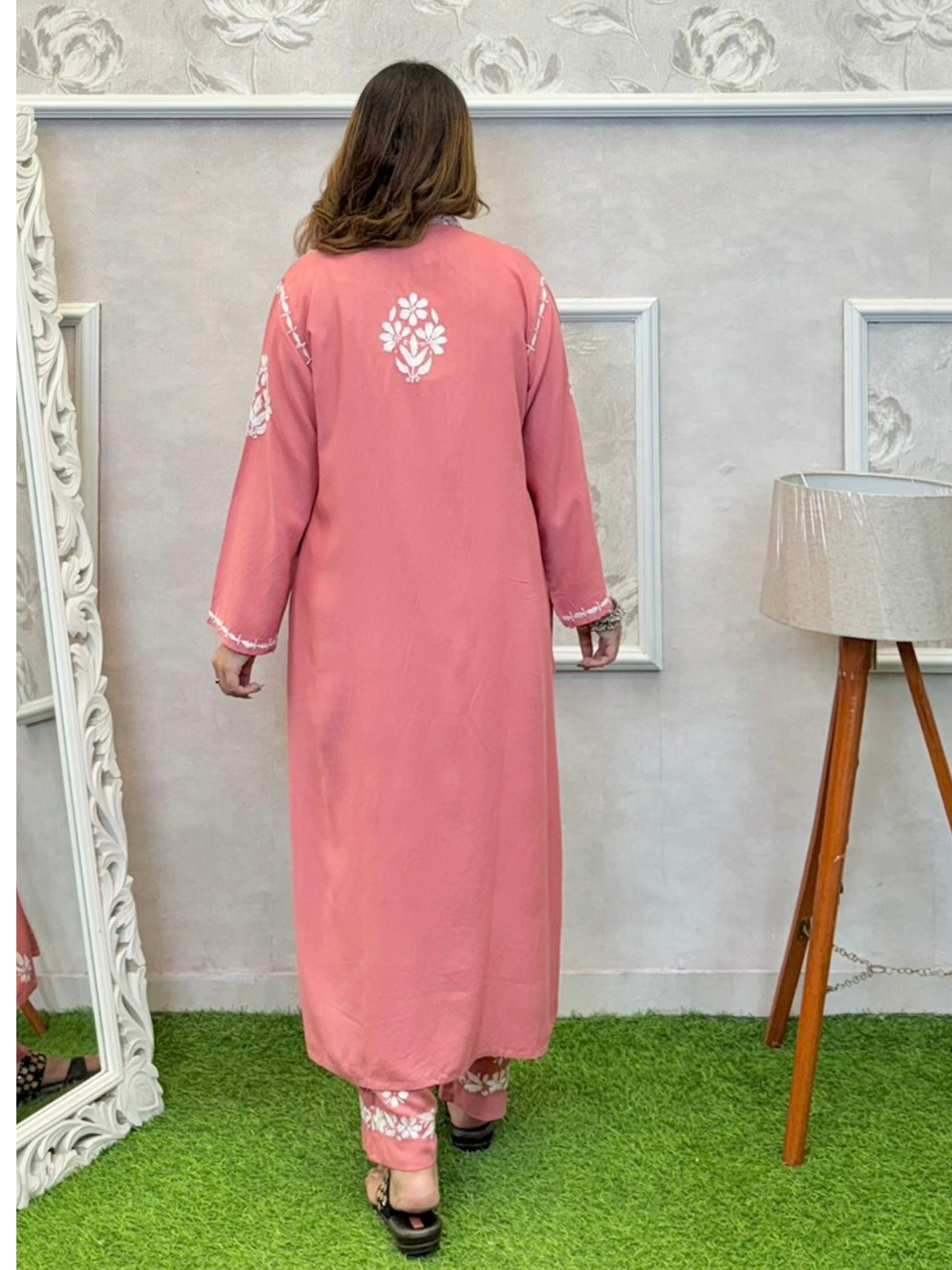 Dusty pink Lucknowi Chikankari rayon 3-piece set with sleeveless kurta, pants, and embroidered shrug