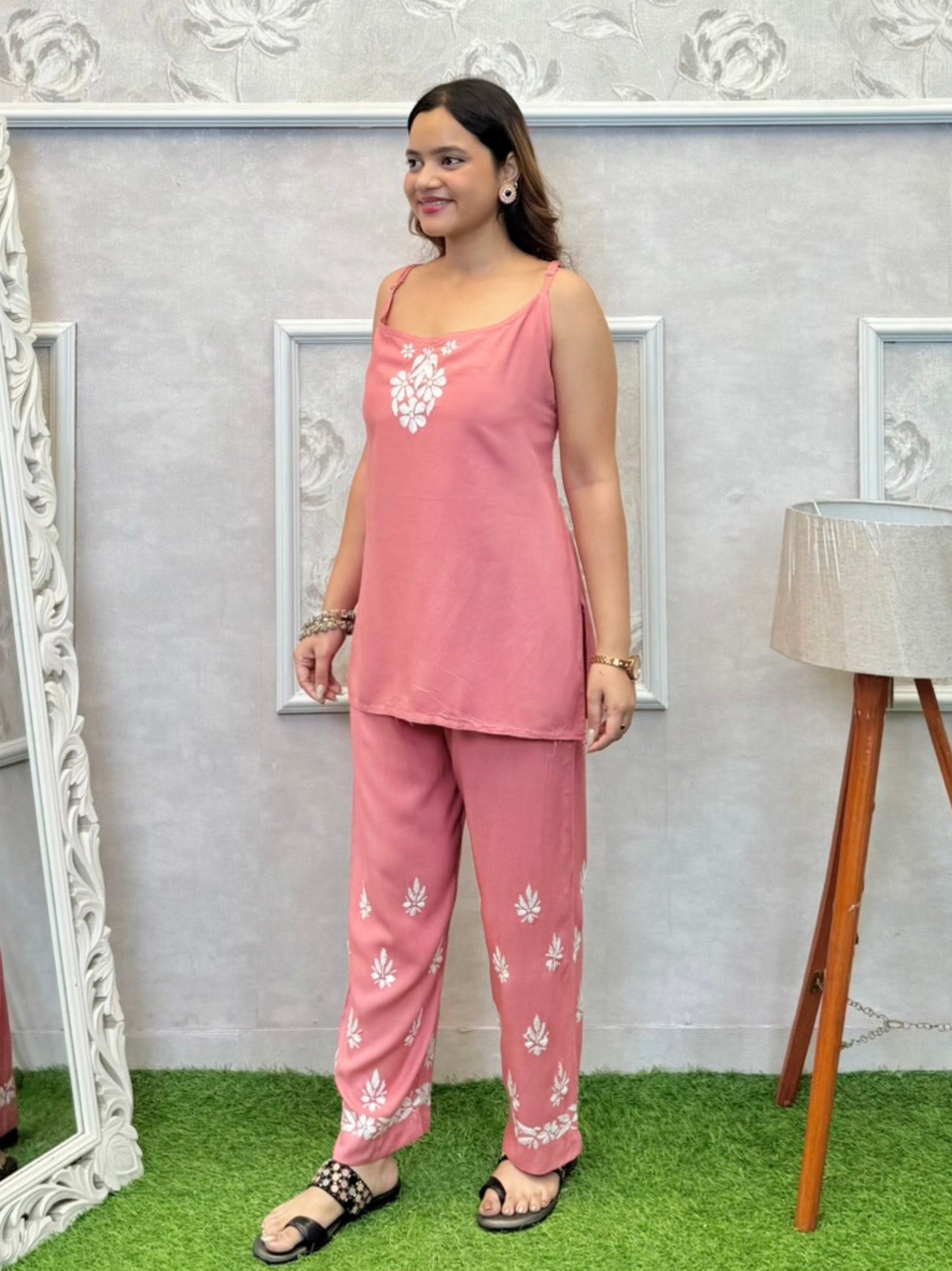 Dusty pink Lucknowi Chikankari rayon 3-piece set with sleeveless kurta, pants, and embroidered shrug
