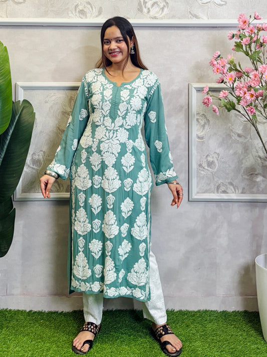 Sea Green Lucknow Chikankari modal kurta with white hand embroidery – RS Chikankari