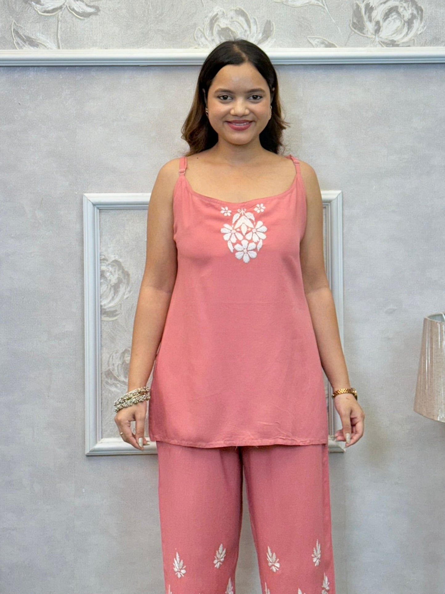 Dusty pink Lucknowi Chikankari rayon 3-piece set with sleeveless kurta, pants, and embroidered shrug