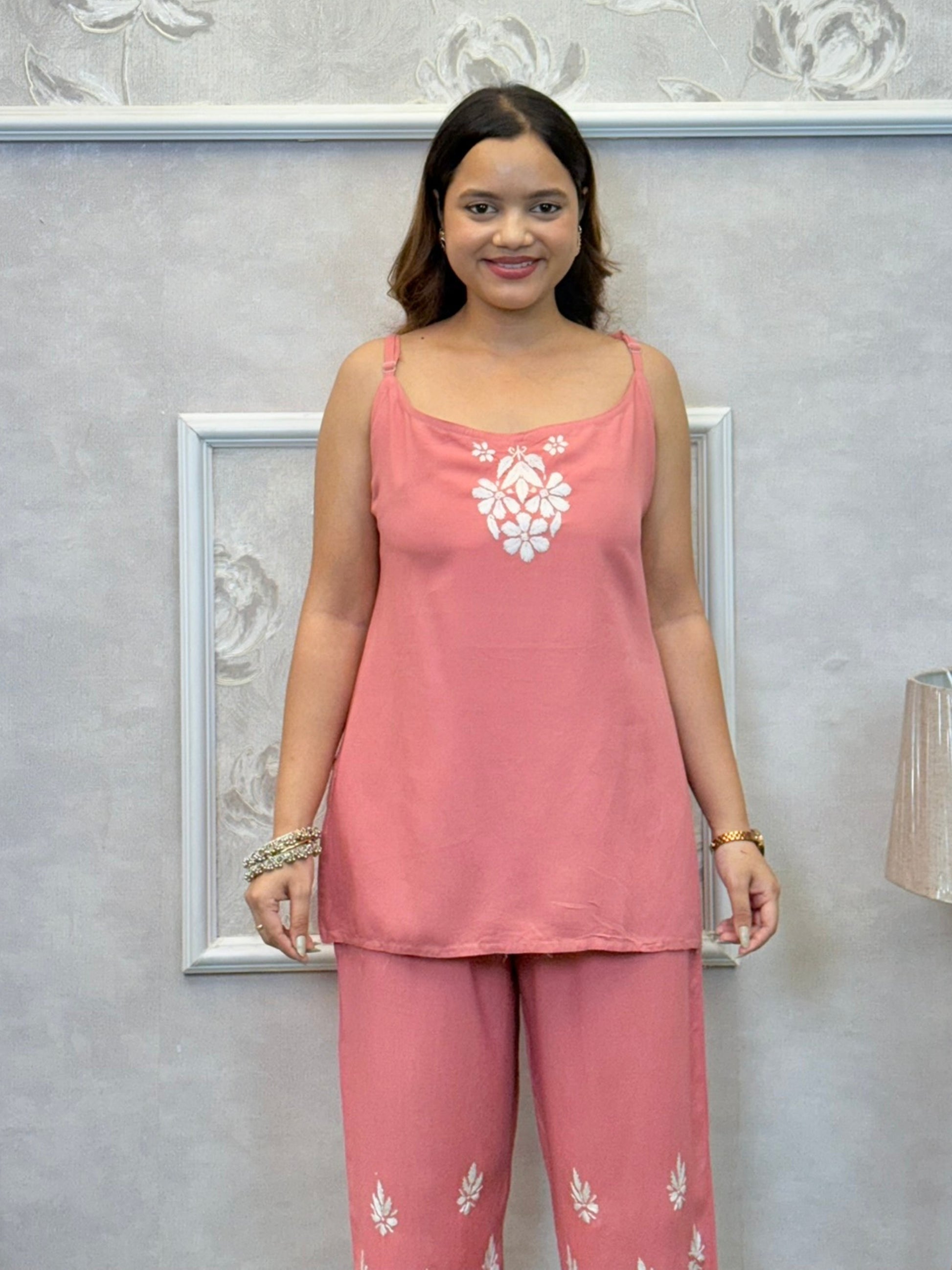 Dusty pink Lucknowi Chikankari rayon 3-piece set with sleeveless kurta, pants, and embroidered shrug