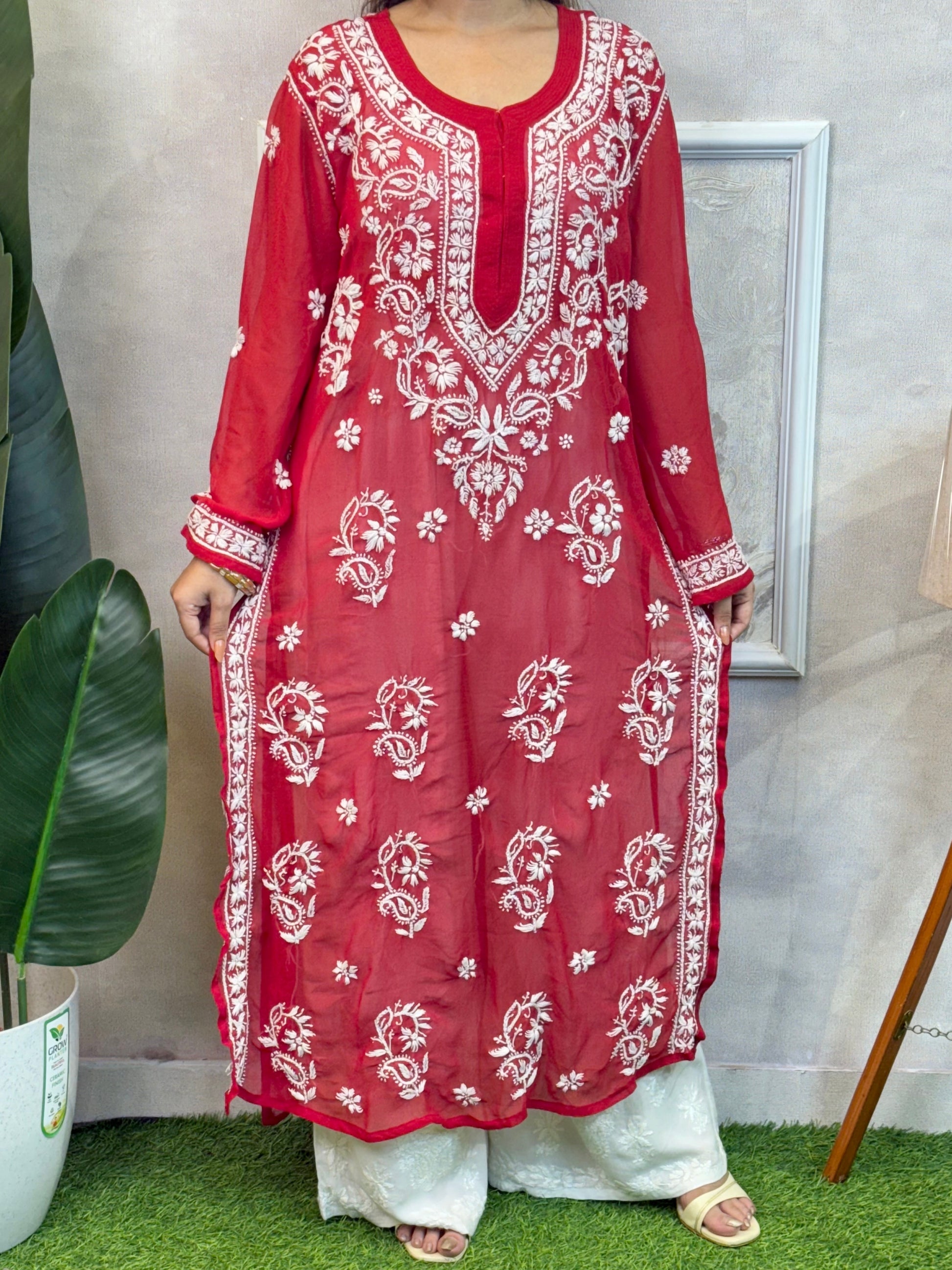 Red georgette Lucknow Chikankari kurta with hand embroidery, casual wear