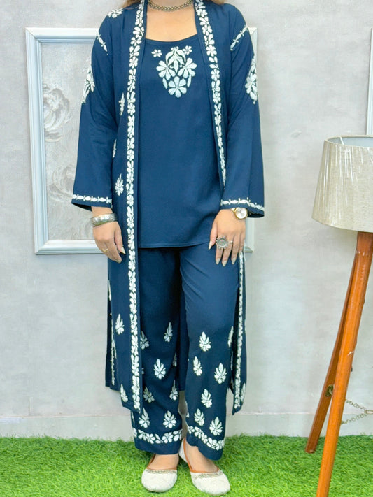 Navy blue Lucknowi Chikankari rayon 3-piece set with sleeveless kurta, pants, and embroidered shrug