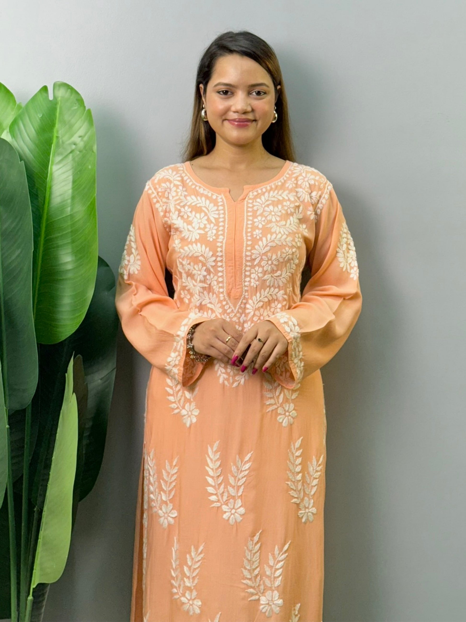Peach modal Chikankari kurta with white hand embroidery – soft and comfortable ethnic wear for women