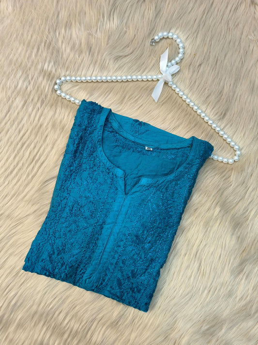 Peacock blue chanderi chikankari kurta with detailed hand embroidery and lace finish