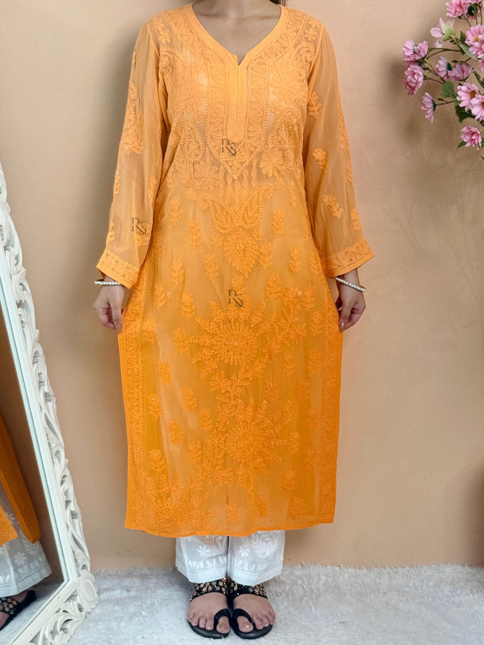 Orange Lucknow chikankari viscose kurta with hand embroidery in transy fabric