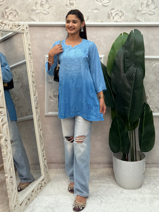 Blue rayon Lucknow Chikankari short kurta with delicate hand embroidery.