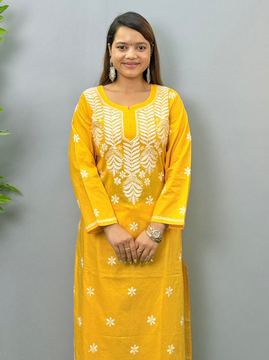 Sunshine yellow cotton Lucknow Chikankari kurta with white floral embroidery for casual wear