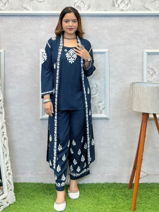 Navy blue Lucknowi Chikankari rayon 3-piece set with sleeveless kurta, pants, and embroidered shrug