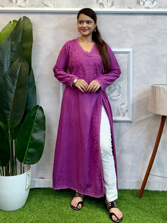 Lavender Dobby Cotton Lucknow Chikankari Angrakha Kurta with hand embroidery – soft and comfortable