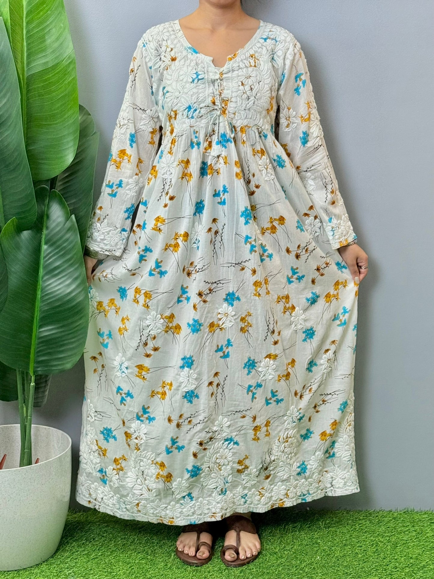 Off-white floral printed long mulmul kurta with Lucknowi Chikankari and 3D hand embroidery, soft and premium quality