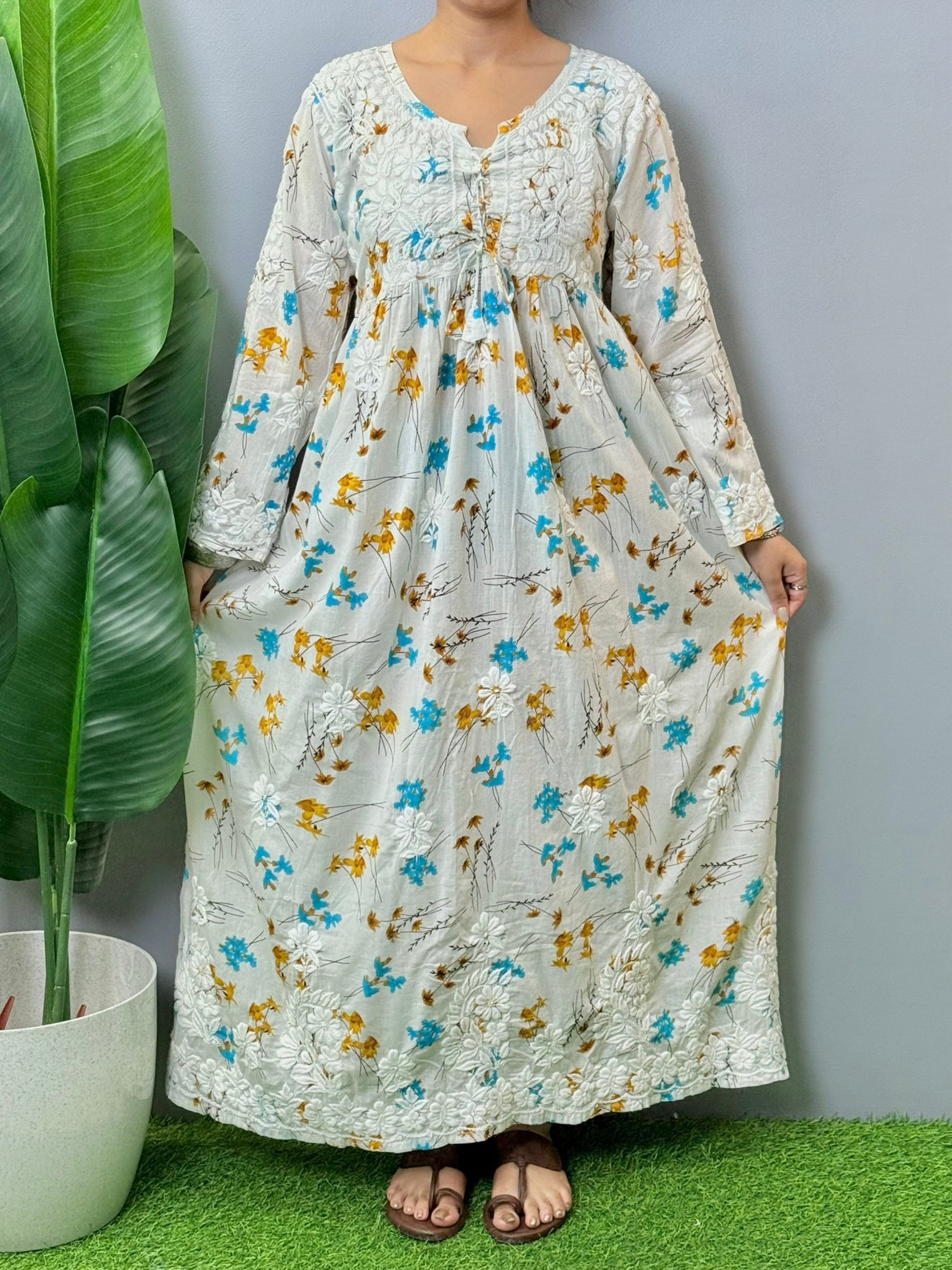 Off-white floral printed long mulmul kurta with Lucknowi Chikankari and 3D hand embroidery, soft and premium quality