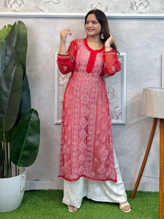 Red transparent georgette Lucknow chikankari kurta with hand embroidery – casual wear.