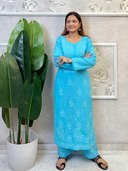 Sky blue dobby cotton kurta and palazzo set with tone-on-tone hand-embroidered Lucknowi Chikankari – soft and breathable ethnic wear