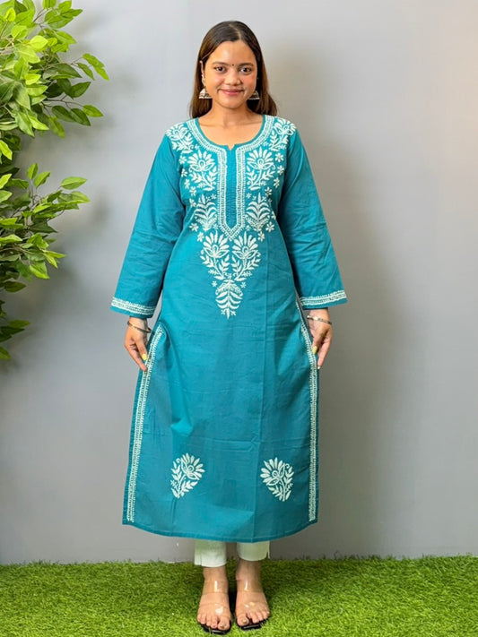 Woman wearing teal blue cotton chikankari kurta with white thread embroidery