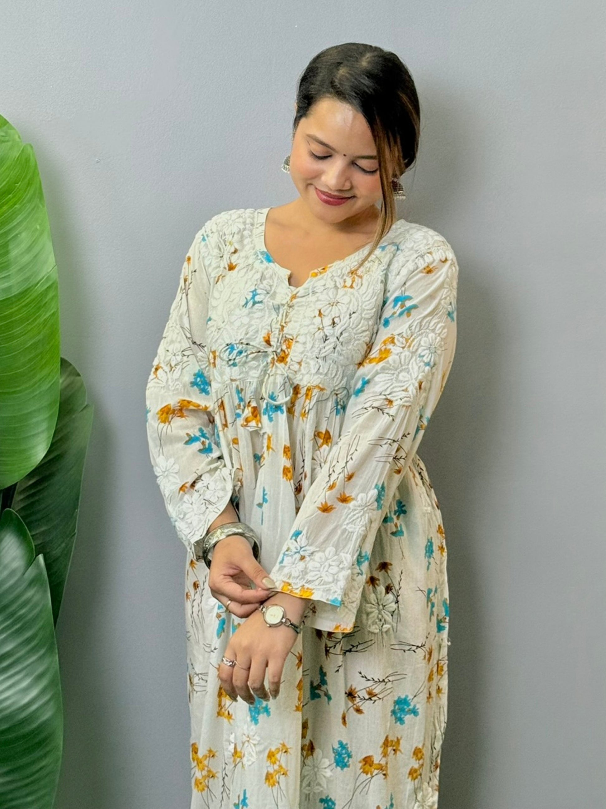 Off-white floral printed long mulmul kurta with Lucknowi Chikankari and 3D hand embroidery, soft and premium quality