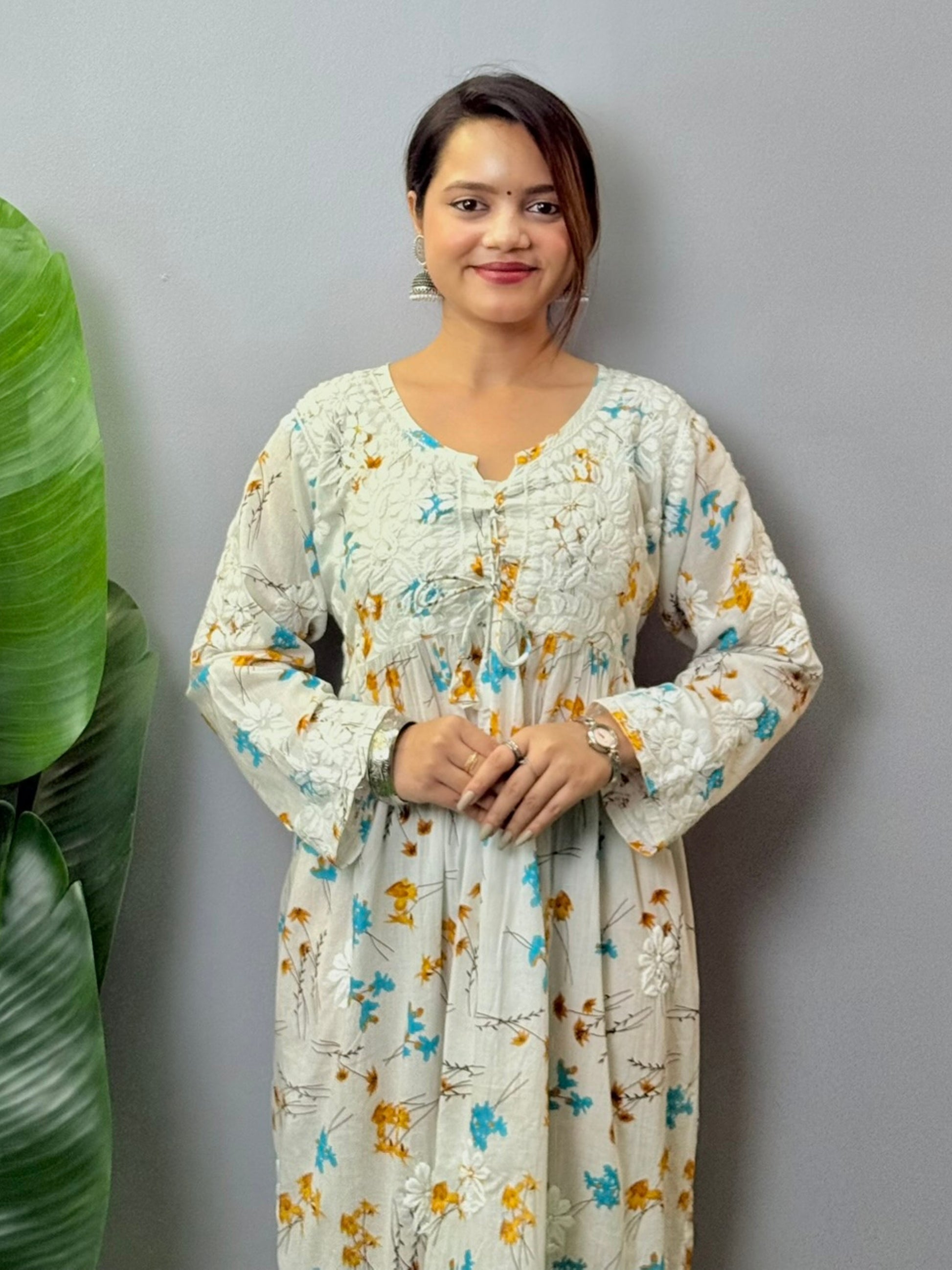 Off-white floral printed long mulmul kurta with Lucknowi Chikankari and 3D hand embroidery, soft and premium quality