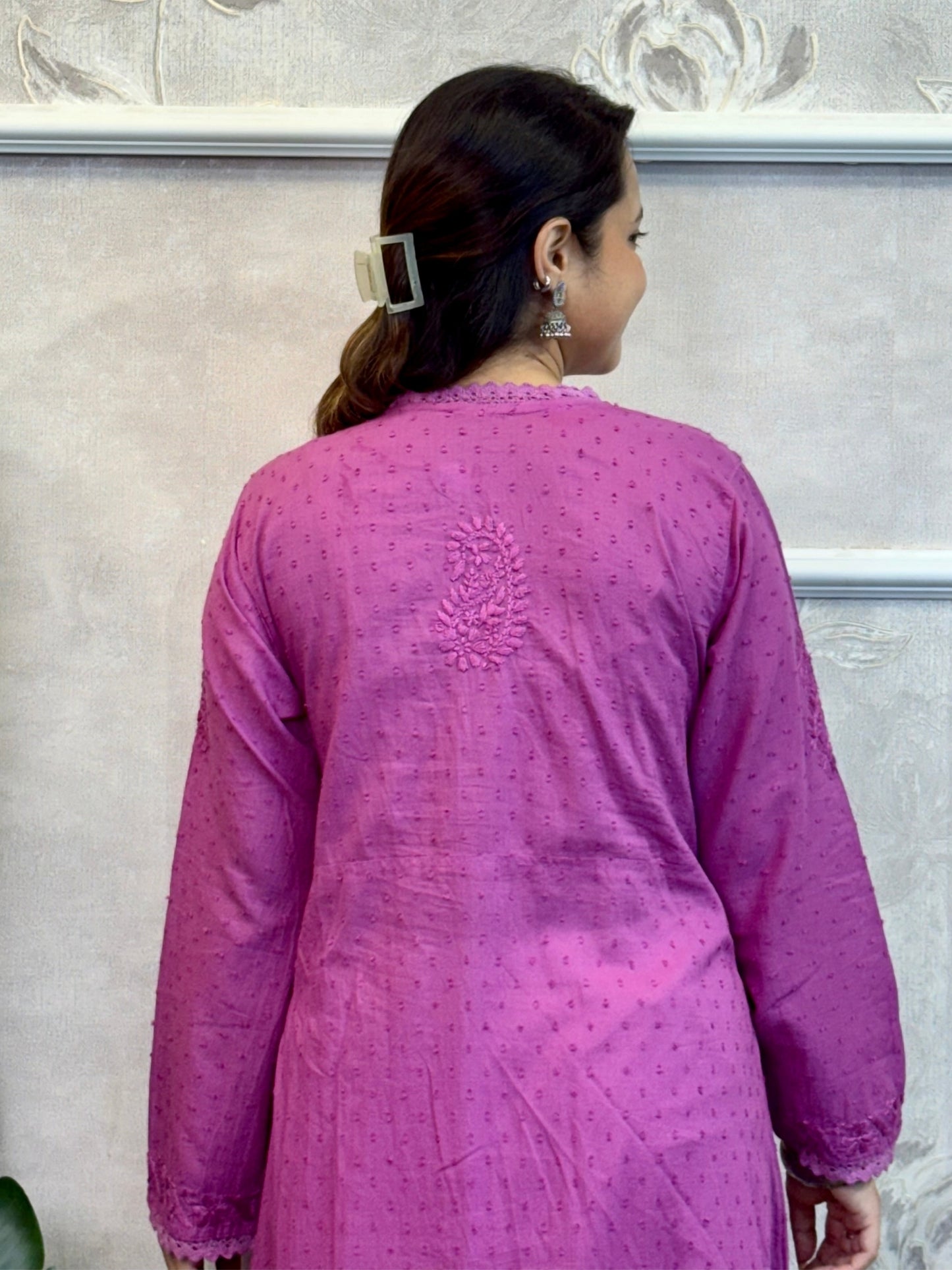 Lavender Dobby Cotton Lucknow Chikankari Angrakha Kurta with hand embroidery – soft and comfortable