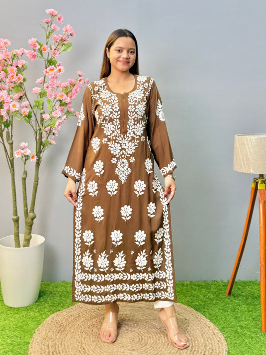 Chocolate brown modal fabric Lucknow chikankari kurta with white floral embroidery